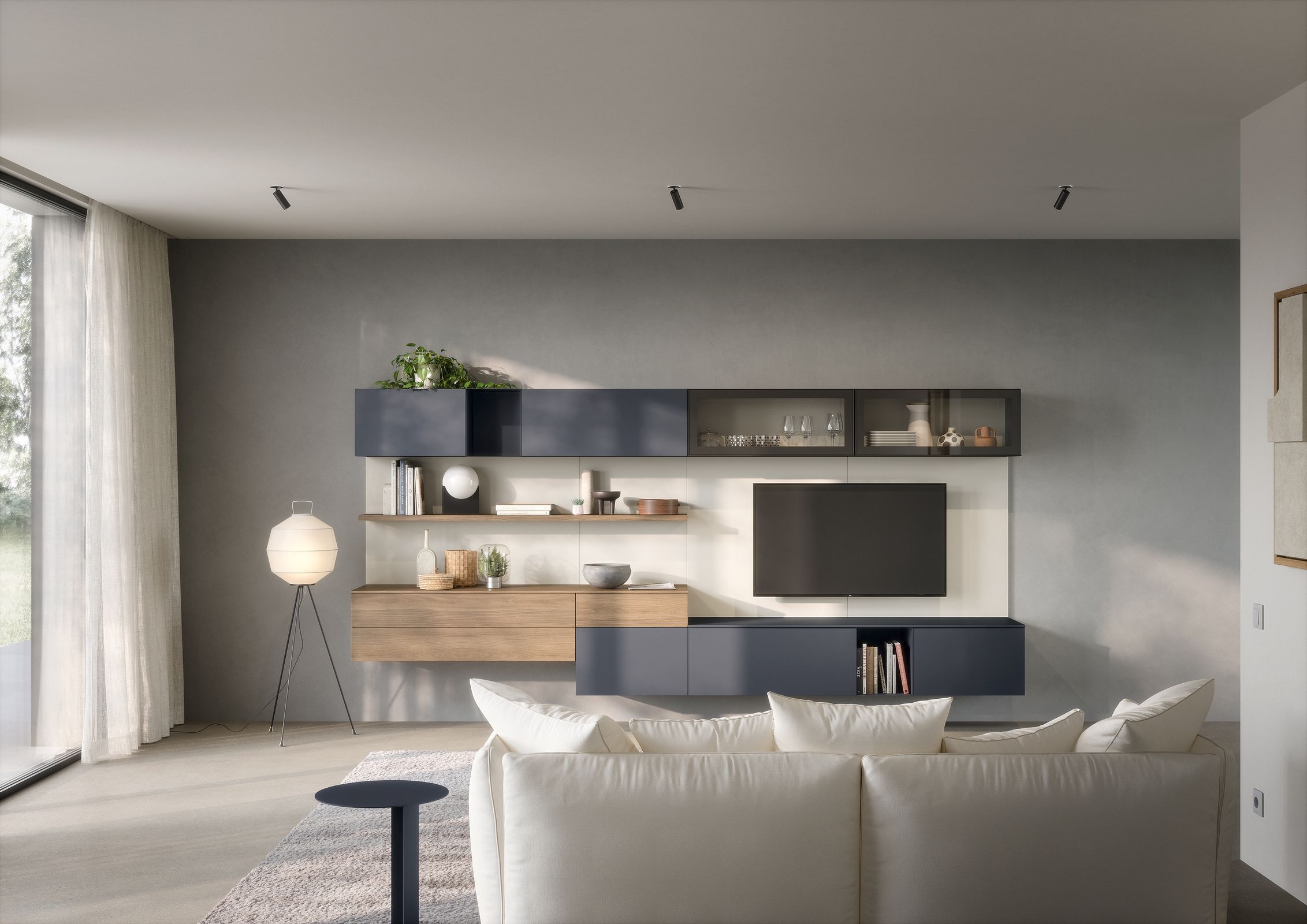 Soggiorno moderno con divano in tessuto e mobile TV in legno - materiali per mobili soggiorno`