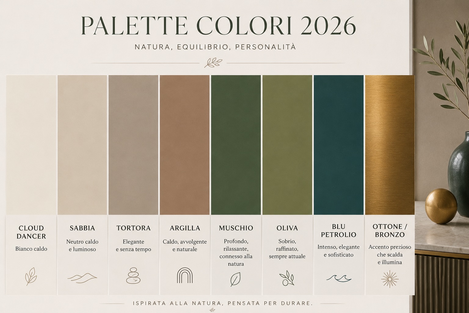 Palette colori e finiture mobili 2026 - tonalità terrose, verdi profondi e metalli caldi`